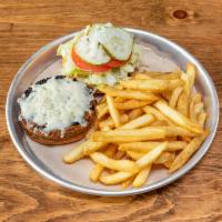 V Classic Burger · Vegan patty, vegan cheese, shredded lettuce, diced onion, sliced tomato, pickles