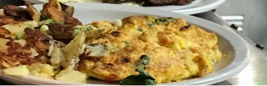 Spinach and Tomato Frittata · Baked Open Face Omelette, Scrambled Egg with Fresh Spinach and Tomatos topped with a Parmesan Crust.  Served with Home Fries.