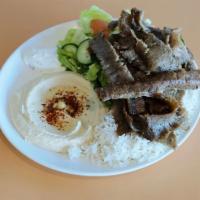 Gyro Plate · Beef gyro. Served with hummus, rice and salad.