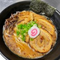 Tonkotsu Gyokai Ramen · Tonkotsu broth mixed with a fish-dashi broth. Topped with chashu (pork belly), scallions, fr...