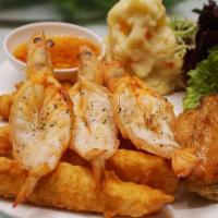 15. Fried Seadood Combo · Fried fish, fried shrimp, fried scallop, fried crab stick with french fries.
