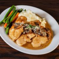 Chicken Marsala  · Fresh chicken breast sauteed with mushrooms in a marsala wine sauce. Served with mashed pota...