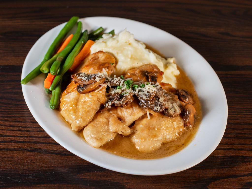 Chicken Marsala  · Fresh chicken breast sauteed with mushrooms in a marsala wine sauce. Served with mashed potatoes and fresh vegetables.