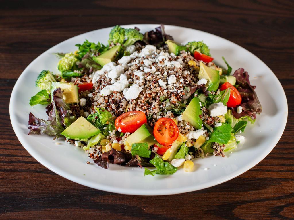 Greens and Grains Salad · romaine and field greens, quinoa, broccoli, corn, avocado, goat cheese, sunflower seeds, tossed in balsamic vinaigrette