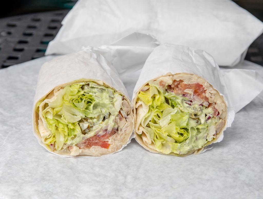 Soothing Chicken Wrap · Chicken, jalapenos, tomato, onions, pepper jack cheese and cilantro aioli.