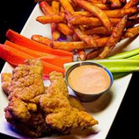 Chicken Fingers · Crispy chicken fingers, served with french fries.
