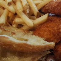 Kids House Made Chicken Strip · Hand cut & dipped in flour, egg and panko bread crumbs. Served with french fries or fruit an...