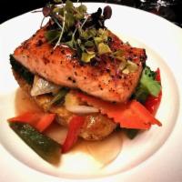 Salmon · Grilled salmon, glazed soy sauce, and vegetables.
