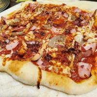 Meat Lovers, Meet Your Love Pizza · Pepperoni, ham, chicken, sausage, bacon.