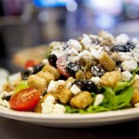 Sals Greek Style Salad · Crispy romaine lettuce, croutons, cherry tomatoes, black and green olives, feta cheese, and ...