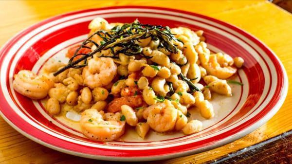 Gamberi e Fagioli · Broiled shrimp, cannellini beans, garlic, rosemary, tomato and olive oil.