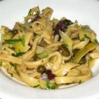 Pasta di Ceci · Chickpea flour pasta with heart of artichoke and black olives in garlic and extra virgin oli...