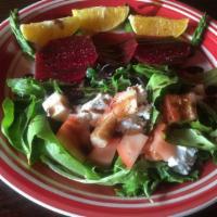 Delizia Salad · Field greens, asparagus, beets, goat cheese, cherry tomato, oranges and a balsamic reduction.