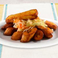 Maduro con Queso y Ensalada · Fried sweet plantain with fried cheese and house salad.