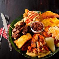 Plato Gordo  · Grilled chicken, grilled beef, cassava, fried sweet plantain and green plantain, tortilla, s...