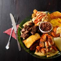 Plato Gordo  · Grilled chicken, grilled beef, cassava, fried sweet plantain and green plantain, tortilla, s...