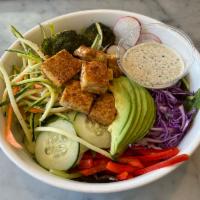 #WeShred Salad by Erica Stenz · Mixed greens, roasted mushrooms & broccoli, carrots, zucchini, cabbage, cucumbers, radish, r...