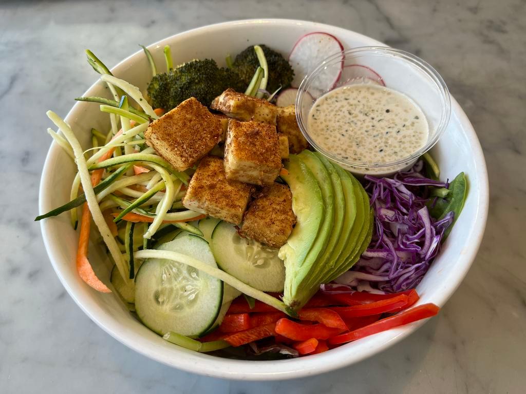 #WeShred Salad by Erica Stenz · Mixed greens, roasted mushrooms & broccoli, carrots, zucchini, cabbage, cucumbers, radish, red pepper, avocado, with tofu (baked with amino acids, paprika, nutritional yeast). Oil-free creamy dill hemp dressing. #KetoFriendly #LowCarb #GlutenFree