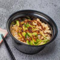 Liangpi 凉皮 · Steamed cold Noodle, Bean Sprouts, Cucumber, Gluten, Chili Oil, Garlic Sauce, Sesame Sauce, ...