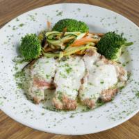Saltimbocca · Chicken or veal scallopini topped with prosciutto, provolone, and fresh sage in a white wine...