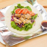 Grilled Chicken Teriyaki Tortilla Wrap · Spinach, purple cabbage, carrots, baby onions, sesame seeds, with grilled chicken on teriyak...