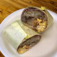 Flooky's Breakfast Burrito · Bacon, ham, sausage, egg, cheese and hash brown.