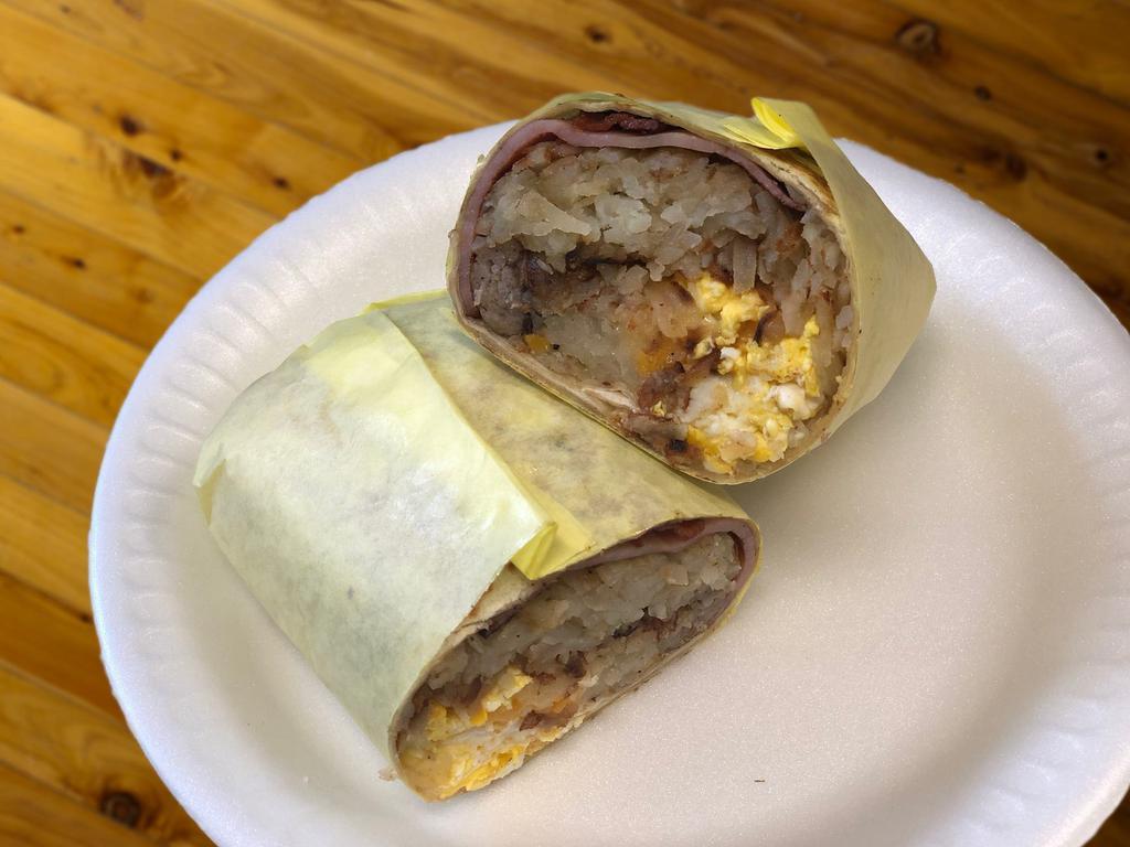 Flooky's Breakfast Burrito · Bacon, ham, sausage, egg, cheese and hash brown.