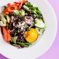 Big Salad · Mixed greens, cabbage, veggies carrot ginger puree. Vegan. Gluten-free.