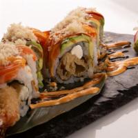 Super Crunch · Shrimp tempura and cream cheese topped with salmon, avocado and crunch flakes spicy mayo and...