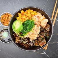 Surf and Turf Bowl · Garlic Shrimp, Beef Teriyaki, Seared Tuna Tataki, Kani, Seaweed, Corn, Avocado topped with O...