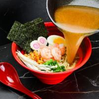 Shrimp Ramen · Noodles, Scallion, Bamboo Shoot, Boiled Egg, Fish Cake, Roasted Seaweed.
