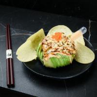 Spicy Tuna Avocado Bomb · spicy tuna wrapped in avocado, topped with Spicy Mayo, Teriyaki and Tobiko, served with Chips 