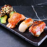 Omakase Set · your favorite sushi pieces, in one set. (1) chopped eel avocado, (1) salmon tomato, (1) scal...