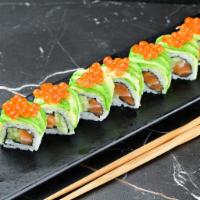 Ikura Salmon Roll · Salmon, Cucumber topped with Avocado and Ikura. 8 pieces per order. 