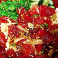 Ahi Poke Bowl · Mix of raw tuna with scallions and onions on a bed of white rice.  

Soy: soy sauce, sesame ...