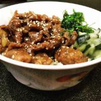 Teriyaki Beef Bowl · Include: white rice, cucumber and seaweed salad with sesame seeds.