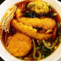 Tempura Udon Entree · Udon soup with deep fried shrimp and vegetables.
