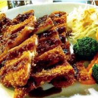 Chicken Katsu Entree · Breaded, deep fried chicken cutlet with katsu sauce, steamed vegetables and white rice. 