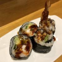 Crazy Maki · Shrimp tempura, flying fish roe, cucumber, avocado, spicy mayo and eel sauce.