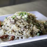 Spicy Fried Rice · Thai fried rice with egg, bell pepper, onion, scallion and Thai basil.