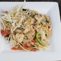 Spicy Noodles · Sauteed flat rice noodles with basil leaves, bell peppers, bean sprouts and onions.