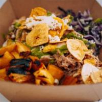 DEVILLE BOWL · Braised Chicken, Plantain Chips, Grilled Pineapple, Adp Queso, Ginger Chimichurri, Queso Fre...