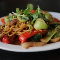Soba Noodles · Yakisoba noodle with soft tofu, fresh garden vegetables stir-fried with tangy sauce.