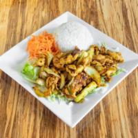Lemongrass Chili Chicken · Tender sliced chicken breast with lemongrass turmeric and chili served with jasmine rice.
