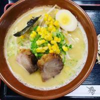 House Ramen Noodle Soup · Topped with pork, egg, beansprouts, nori, corn and scallions.