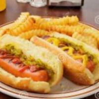 Perros Calientes (Hot Dogs) (2) · 2 Mexican hot dogs with bacon, tomato, onions, and pickles. Served with a side of french fri...