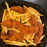 Fingers and Fries · Golden brown chicken fingers with fries