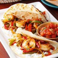 Shrimp Fajitas · Seasoned seared shrimp, peppers and onions, beans, Spanish rice, corn tortillas.