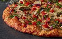Chicken and Garlic Gourmet Pizza · Chicken, garlic mushrooms, tomatoes, red & green onions, Italian herb seasoning on creamy ga...