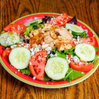 Marinated Chicken Pieces Salad · Fresh spring mix, tomato slices, cucumber slices, blue cheese crumbles, sliced red onion and...